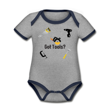 Load image into Gallery viewer, Organic Short Sleeve Baby Bodysuit Got Tools - heather gray/navy